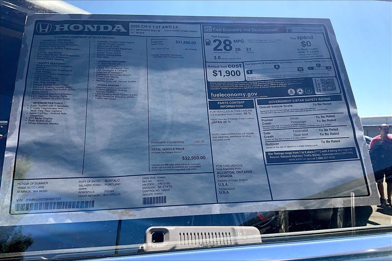 New 2025 Honda CR-V LX 4D Sport Utility AWD CVT in Marysville 